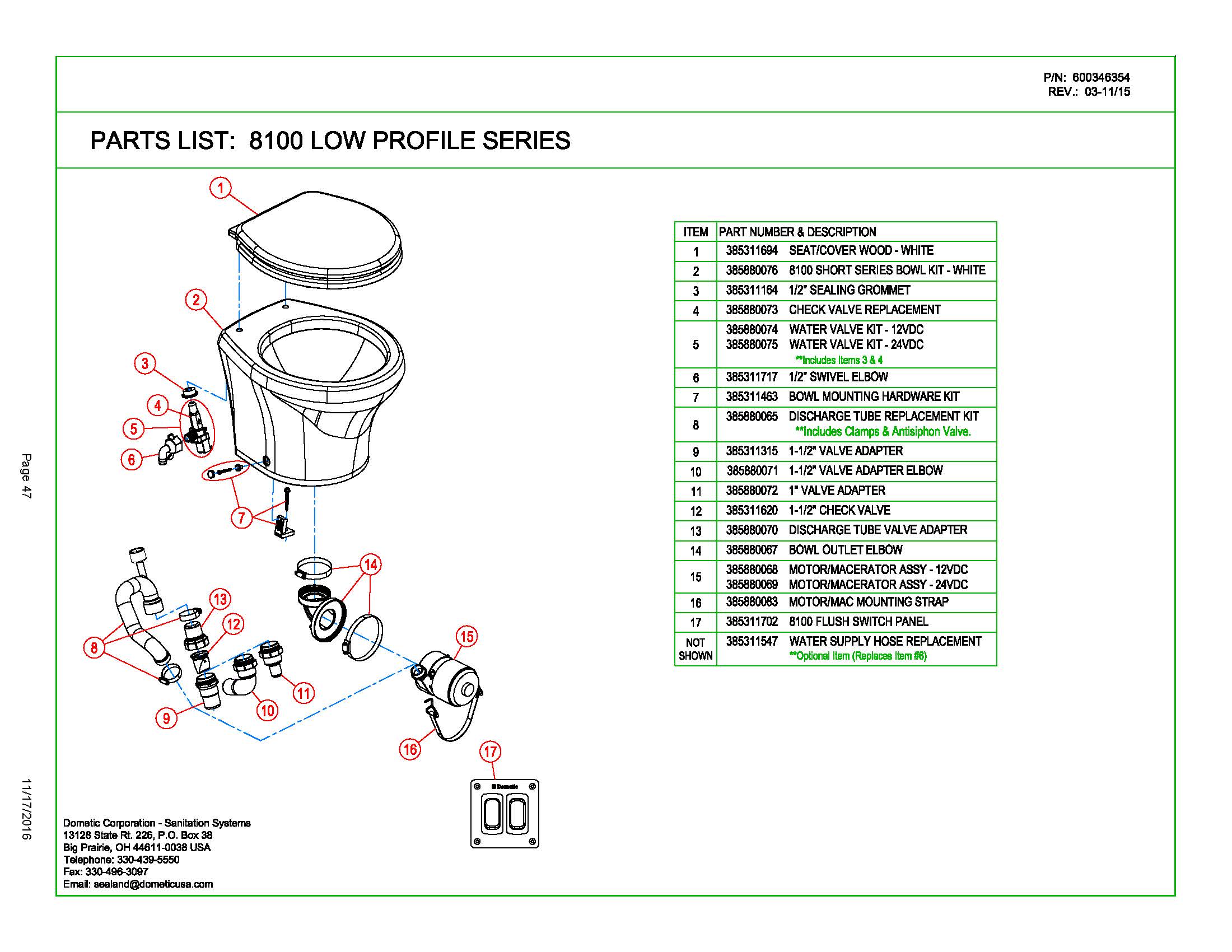 Sealand Dometic 8116 Masterflush Toilet Spare Parts